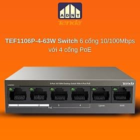 Mua Bộ chia mạng switch 6 cổng 10/100Mbps TEF1106P-4-63W Tenda hàng chính hãng