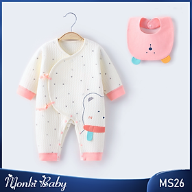 Body sơ sinh trần bông mềm, áo liền quần cho bé từ 2kg, kèm khăn yếm cổ, cotton 100% dày, giữ ấm tốt, có ảnh thật | MS26