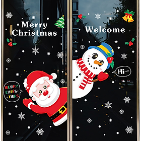 Decal trang trí dán tường Noel - Hít tĩnh điện - Người tuyết và ông già Noel chào đón lễ