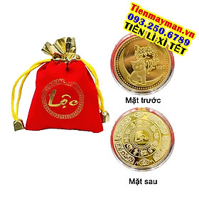 Đồng xu con Mèo vàng bằng kim loại , mặt sau chữ Lộc - tặng kèm túi gấm đỏ chữ LỘC, Tiền lì xì tết 2023 , NELI