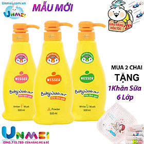 [2 Chai] Sữa Tắm Gội Wesser 2in1 Hàn Quốc, Sữa tắm cho bé không cay mắt (2 chai x 500ml) tặng 1 khăn Sữa Unmei Sợi Tre 6 Lớp