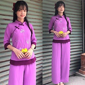 Đồ Lam Đi Chùa # Sẫm 2Nút Phối Vải Đũi Cao Cấp # Quần Áo Nữ # Đồ Bộ Nữ