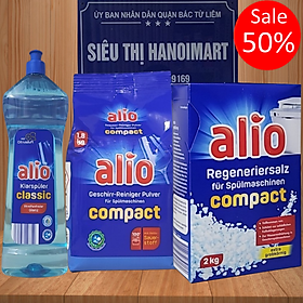 Combo bột rửa bát Alio + nước làm bóng Alio 1000 ml+ hộp muối làm mềm nước Alio 2 kg