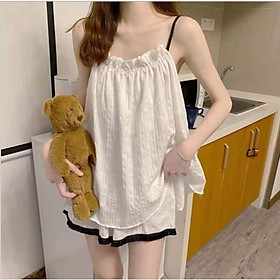Set đồ ngủ hai dây thiết kế cổ nhún đáng yêu S007