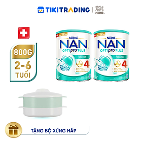 Bộ 2 lon Sữa bột Nestlé NAN OPTIPRO PLUS 4 800g/lon với 5HMO Giúp tiêu hóa tốt & Tăng cường đề kháng + Tặng Bộ xửng hấp 2 ngăn Inochi (Bé 2-6 tuổi)