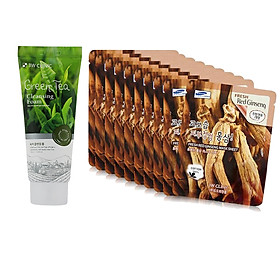 Combo làm sạch sâu và chống nhăn gồm Sữa rửa mặt chiết xuất từ than hoạt tính 3W CLINIC CHARCOAL CLEANSING FOAM và Bộ 10 gói mặt nạ dưỡng da 3W Clinic Fresh Red Ginseng Mask Sheet - Hàn Quốc Chính Hãng