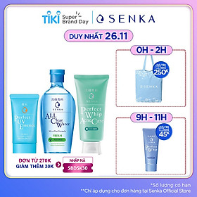 Bộ sản phẩm Senka làm sạch và chống nắng dành cho da mụn (Senka A.L.L.Clear Water Fresh 230ml + SRM Acne Care 100g + Senka Perfect UV Essence 50g)