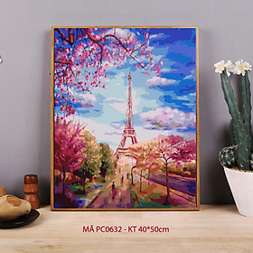 Tranh tự tô màu sơn dầu số hóa phong cảnh - Mã PC0632 Paris mùa xuân Tháp Eiffel nước Pháp