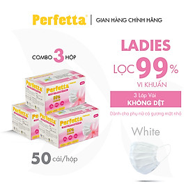 [Combo 3 - PERFETTA LADIES] - Khẩu Trang Dành Cho Phụ Nữ Chất Lượng Cao, Kháng Khuẩn, Chống Bụi Mịn, Màu Trắng, 3 Xanh, Bảo Vệ Tối Ưu - (50 cái/hộp)