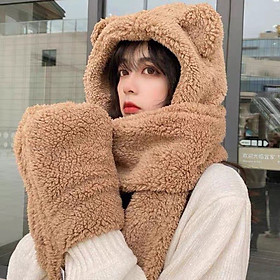 Mũ len nữ thời trang Hàn Quốc , nón lông cừu tai gấu kèm găng tay và khăn quàng cổ cute ấm áp