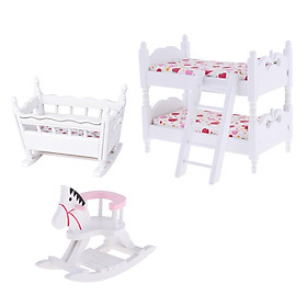 1/12 Dollhouse Bedroom Furniture Set - White Wooden Bunk Bed with Mattress, Cradle with Mattress, and Rocking Horse, Nursery Room Decoration