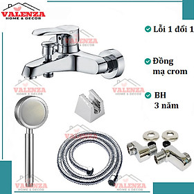 Bộ sen tắm nóng lạnh Valenza 1404 chất liệu đồng mạ crom kèm đầy đủ bát sen tắm tăng áp, dây sen tắm inox, cài sen, chân sen-Nước chảy mạnh