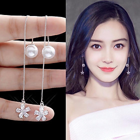 Bông tai hoa 5 cánh dáng dài ngọc trai tiểu thư
