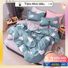 Bộ Vỏ Chăn Ga Gối Cotton 3Dm6/m8/2m -Tiệm Nhà MêuSet 4 Món Cotton 80% Mèo Xanh Đáng Yêu Cao Cấp Nhập Khẩu