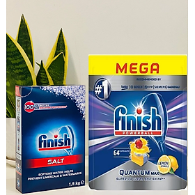 Combo 64 Viên rửa bát Finish Quantum + Muối Finish 1.5kg