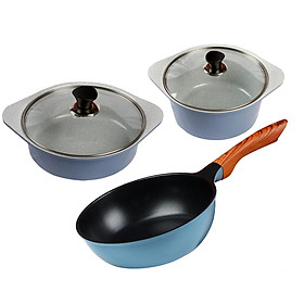 Combo 3 món, nồi đúc ceramic cao cấp 20 cm, 22 cm, chảo 22 cm sâu lòng dùng được bếp từ