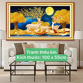 Tranh thêu chữ thập, tranh thêu kín Hươu tài lộc E90, kích thước 100 x 55 cm