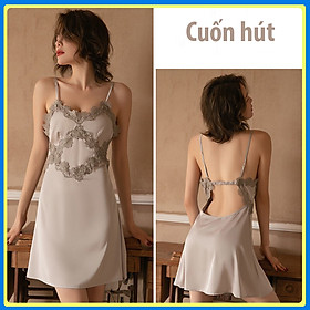 Q83 Váy ngủ lụa hai dây ren ngực hình thôi hở lưng quyến rũ - Đầm ngủ lụa 2 dây - Đồ ngủ nữ sexy - Váy ngủ 2 dây