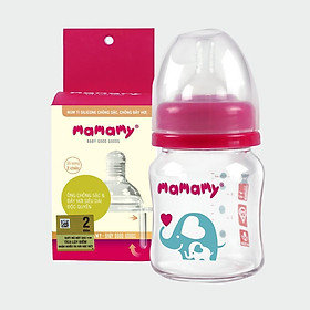 Combo bình sữa thủy tinh cổ rộng chống sặc cho bé Mamamy 120ml + 1 hộp núm ti size S/M/L