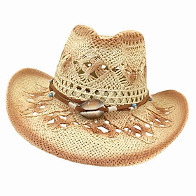 Western Cowboy Hat Hand Woven Roll up Brim Straw Hats Floppy Beach Hat Khaki