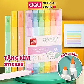 Set 6 bút highlight 2 đầu Bút nhớ dòng Bút đánh dấu màu pastel tươi sáng Deli dạ quang cho học sinh văn phòng tặng sticker