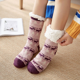 Women Christmas Slipper Socks Warm Fleece Lined Knitted Anti-Slip Lounging Winter Thermal Socks