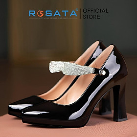 Giày cao gót nữ ROSATA RO464 mũi nhọn quai ngang đính hạt gót trụ cao 8cm xuất xứ Việt Nam - Đen