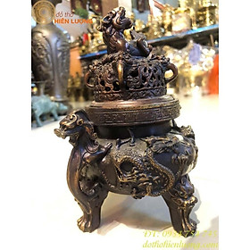 Lư Xông Trầm Song Long Chầu Nguyệt Màu Nâu