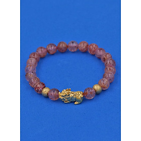 Vòng tay Thạch Anh Dâu Tây 6 ly cẩn Tỳ Hưu inox vàng VTADTTHHBV6 - hợp mệnh Hỏa, mệnh Thổ