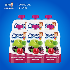 Combo 6 Gói Trái cây nghiền vị táo, mâm xôi đen và mâm xôi đỏ Agusha 90g/gói dành cho bé từ 6 tháng trở lên
