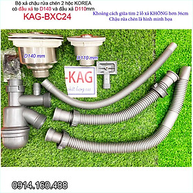 Mua Bộ xả chậu rửa chén bát 1 hộc lớn 1 hộc nhỏ KAG-BXC24  trọn bộ xả bồn rửa chén bát 2 hộc lệch D110-D140 thoát nhanh sử d