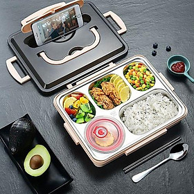 Mua Hộp Cơm Văn Phòng 5 Ngăn inox 304 Có Để Canh Giá Đỡ Điện Thoại Kèm Đũa Thìa