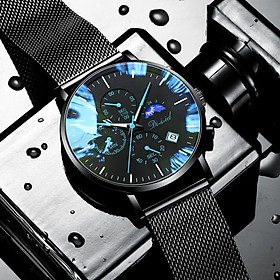 Đồng hồ nam DIZIZID chính hãng chống nước tốt - Dây thép lụa đen - Chạy full 5 kim - Thiết kế nam tính - Kim dạ quang cao cấp DZ69