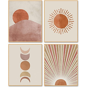 4pcs Boho Trang trí Sunrise Wall Art - Pha và Mặt trăng in ấn Tranh bức tranh cảnh quan trừu tượng Boho Canvas Poster