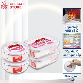 Bộ 4 hộp đựng cơm trữ thức ăn thực phẩm thủy tinh chịu nhiệt 2 hộp chữ nhật 370ml và 2 hộp tròn 400ml -CCR4L34