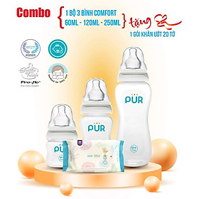 Combo 3 bình sữa Pur Comfort Feeder 60ml 120ml 250ml, cổ thường, núm ti có van chống đầy hơi - tặng gói khăn ướt 20 tờ