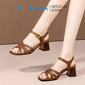 Giày sandal cao gót nữ ROSATA RO584 xỏ ngón phối dây mũi tròn quai hậu khóa cài dây mảnh gót vuông cao 5cm - NÂU