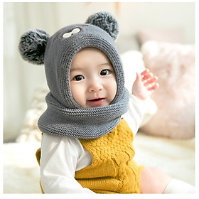 Mũ Len 2 Quả Bông Liền Khăn Cho Bé
