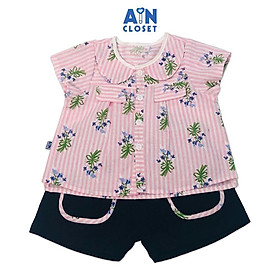 Bộ quần áo ngắn bé gái họa tiết Kẻ hồng hoa tím quần xanh cotton - AICDBT0UX0WX - AIN Closet