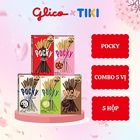 Bánh que phủ kem nhiều vị GLICO Pocky 5 hộp - 1 Socola 1 Dâu 1 Cookie 1 Matcha 1 Double choco