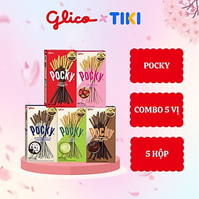 Hình ảnh Bánh que phủ kem nhiều vị GLICO Pocky (5 hộp - 1 Socola 1 Dâu 1 Cookie 1 Matcha 1 Double choco)