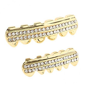 2xDouble Zircon Drill Top Bottom Grill Hip Hop Mouth Teeth Grills Caps Gold