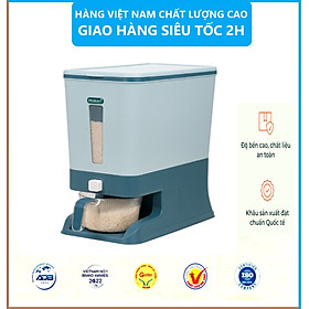 Hộp đựng gạo - Thùng đựng gạo tiện ích 10kg Hokori Việt Nhật Có Nút bấm lấy gạo tự động Tặng Kèm Ca Đong Gạo - Hàng Việt Nam - Màu Xanh