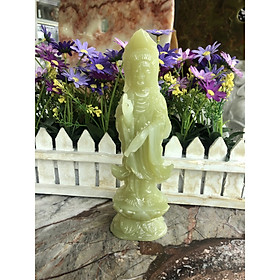 Tượng Phật Bà Quan Thế Âm Bồ Tát đứng đài sen cầu bình an đá ngọc Onyx - Cao 20 cm