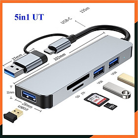 Hub Type C, Hub USB 3.0 5in1 UT, Cổng Chuyển Đổi Type C, Bộ Chia Type C Và USB Ra 5 Cổng SD, TF Và USB, Cổng Chuyển Đổi Dành Cho Macbook, Laptop, PC - Hàng Chính Hãng