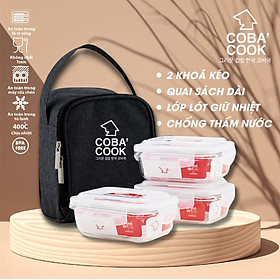 Bộ túi hộp đựng cơm thủy tinh chịu nhiệt COBA'COOK 3 hộp chữ nhật 370ml và 1 túi giữ nhiệt -CCL33BS