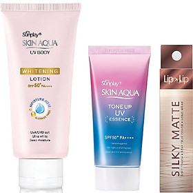 Bộ sản phẩm da trắng hồng trong suốt dành cho da thường/da khô (Tinh chất chống nắng 50g + Lotion chống nắng dưỡng thể 150g) + Tặng son trang điểm Lip On Lip Silky Matte 2.2g