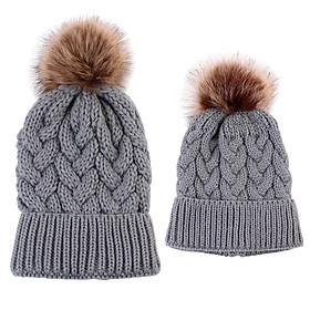 2PCS Parent-Child Beanie Hairball Cap Ball Warm Winter Knitted Hat Khaki