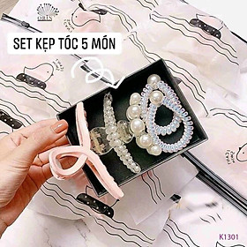 Sét 5 món cột ,kẹp tóc ngọc trai siêu sang chảnh kèm túi zip ,phụ kiện tóc làm đẹp cho các bạn gái 