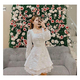 Đầm váy nữ trắng xòe tầng cổ vuông phối nút TKN